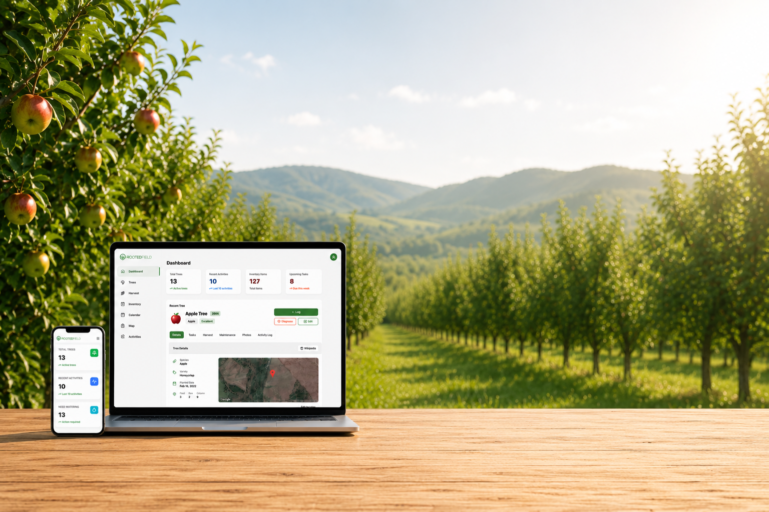 RootedField shown on laptop and mobile devices in an orchard
