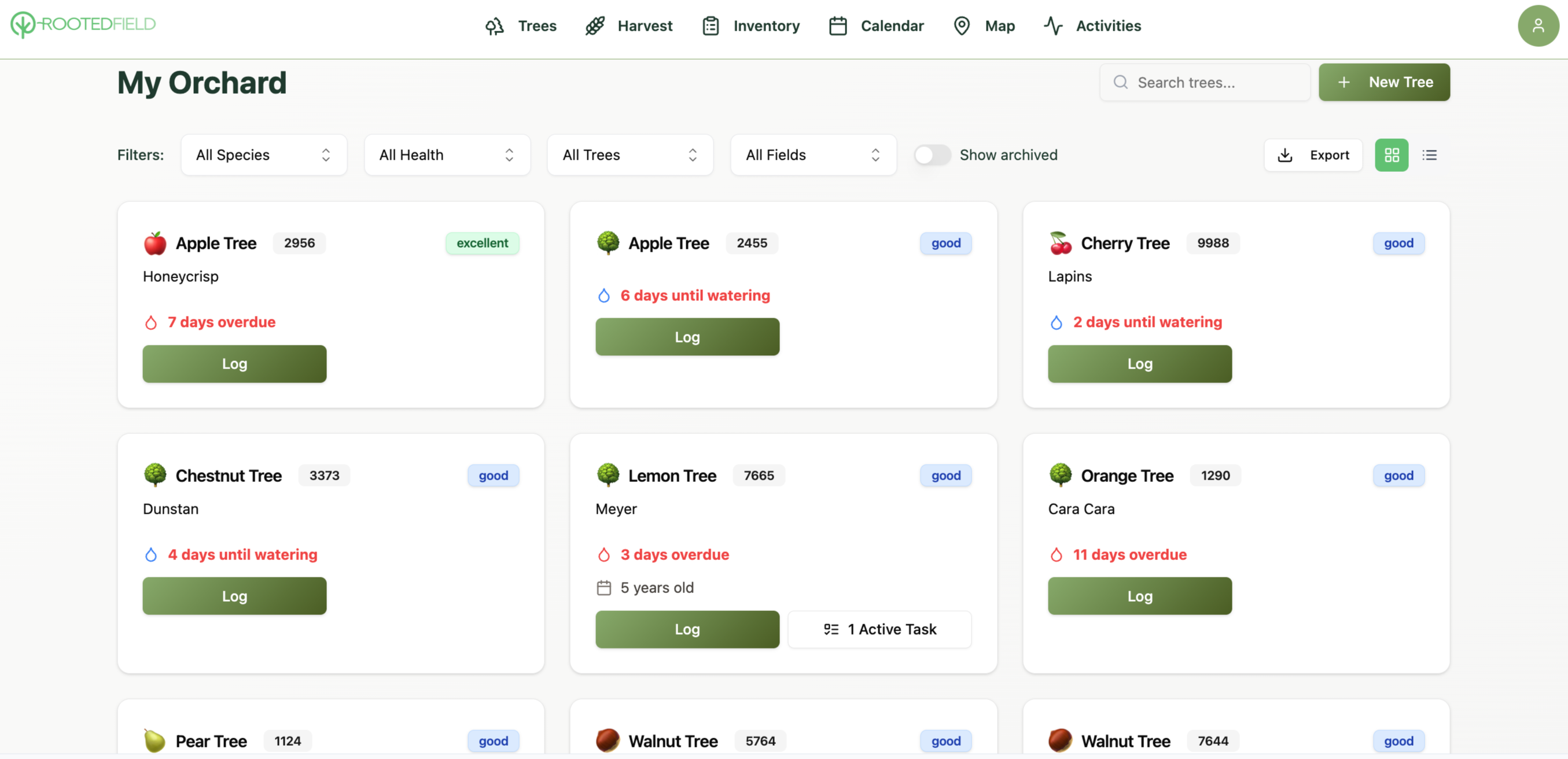 RootedField tree management dashboard